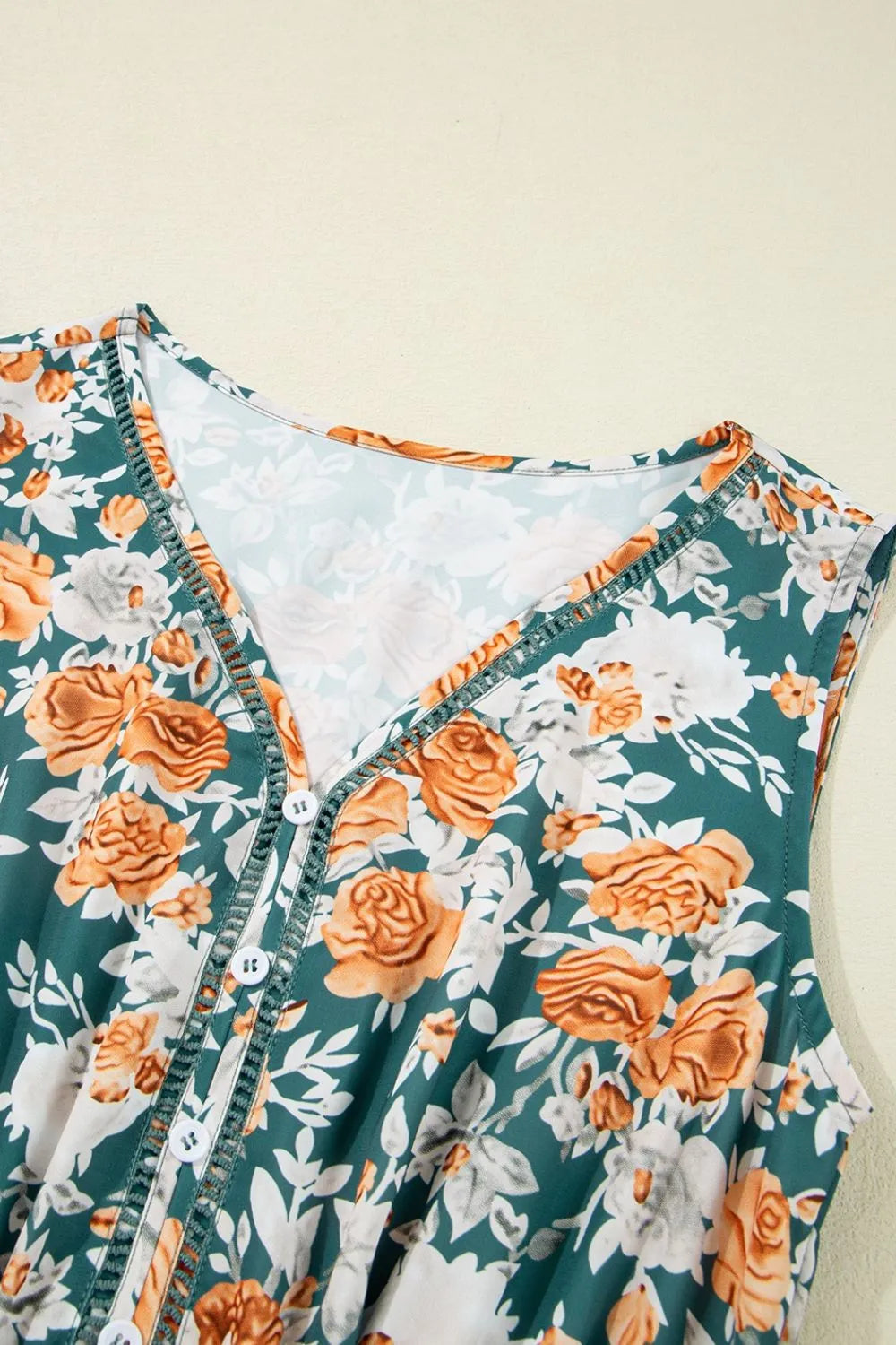 Persephone Floral Print Trimmed V Neck Tie Waist Sleeveless Dress — view 9