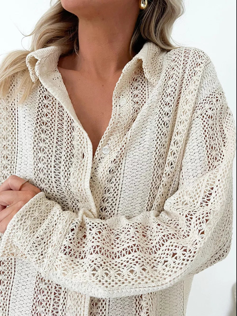 Aphrodite Lace Crochet Collared Neck Oversized Shirt — view 3