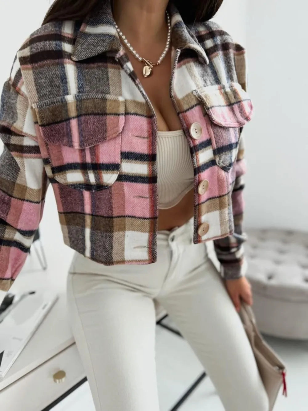 Durga Pocketed Collared Neck Long Sleeve Plaid Jacket — view 5