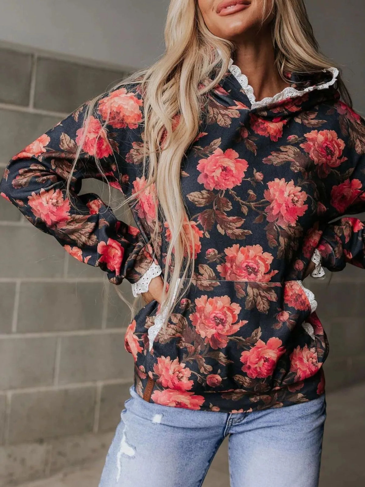 Nyx Lace Trim Kangaroo Pocket Hoodie — view 1