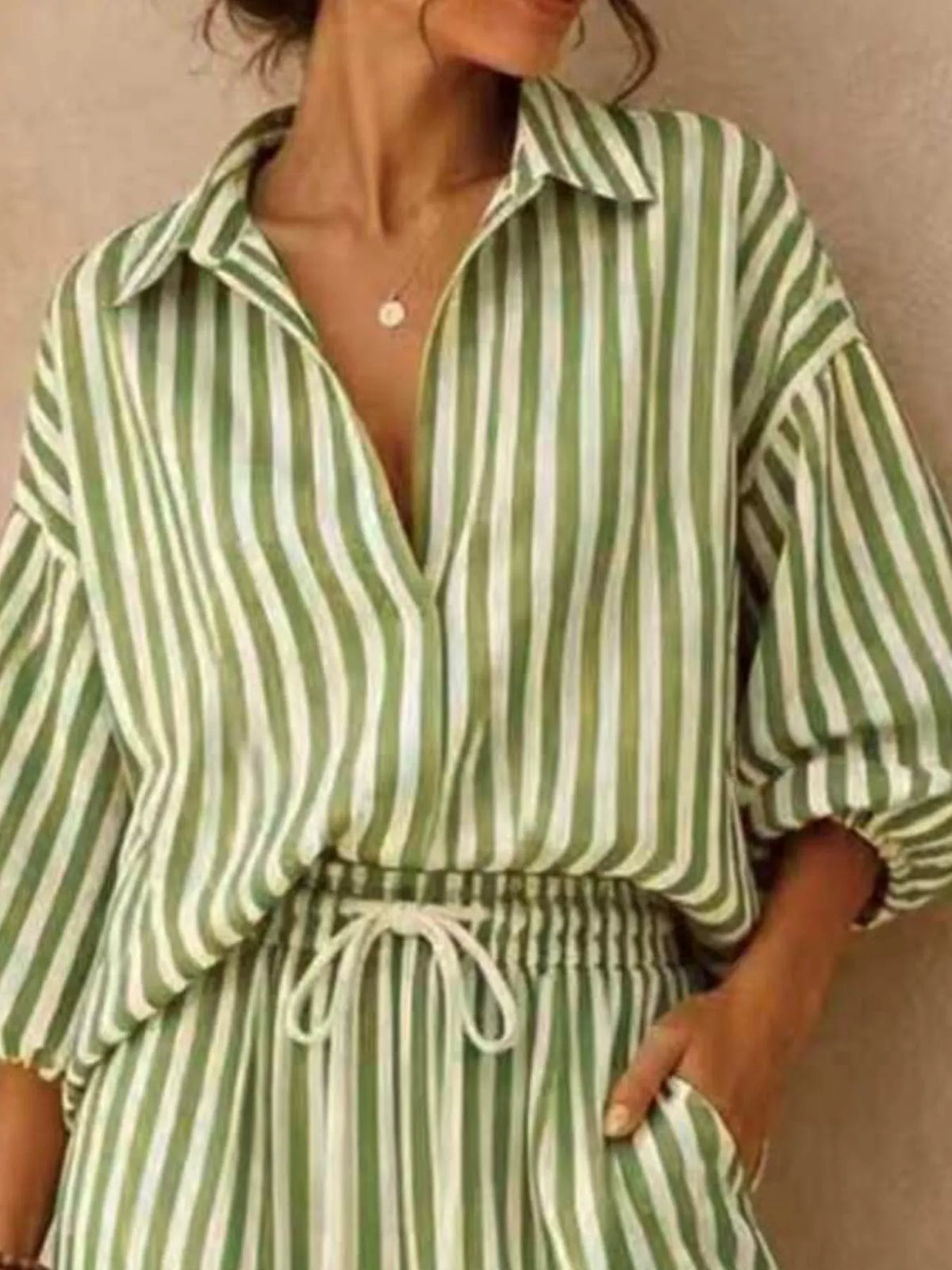 Gaia Striped Puff Sleeve Shirt and Wide-Leg Drawstring Pants Set — view 14