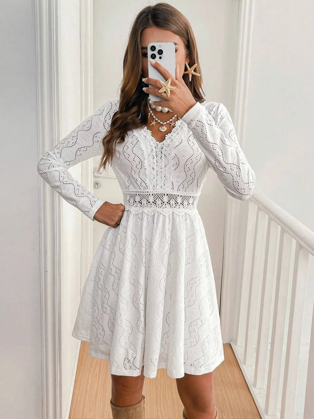 Selene Lace Detail V Neck Long Sleeve Mini Dress — view 5