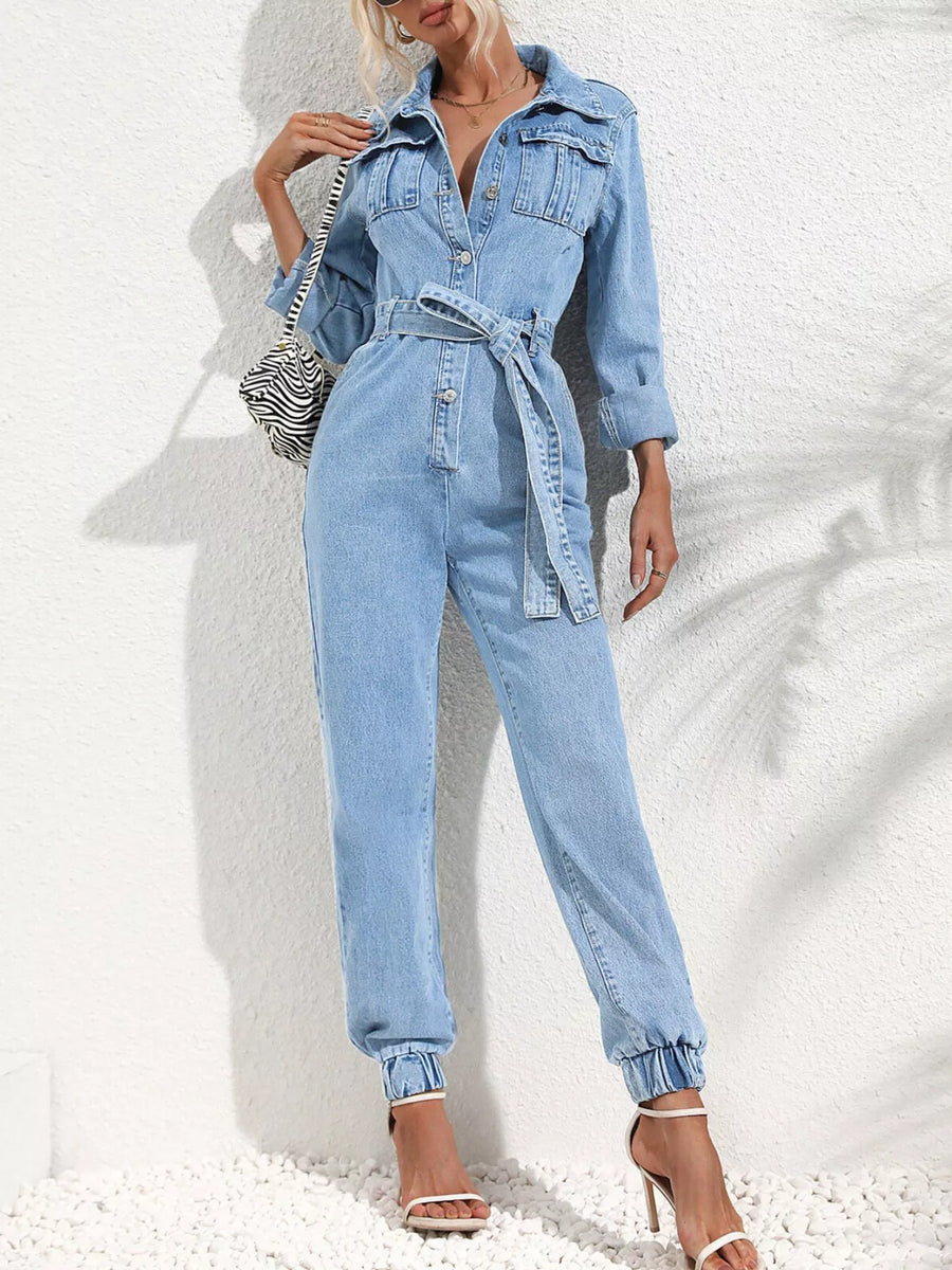 Hera Button Front Belt Denim Jumpsuit styled in the studio