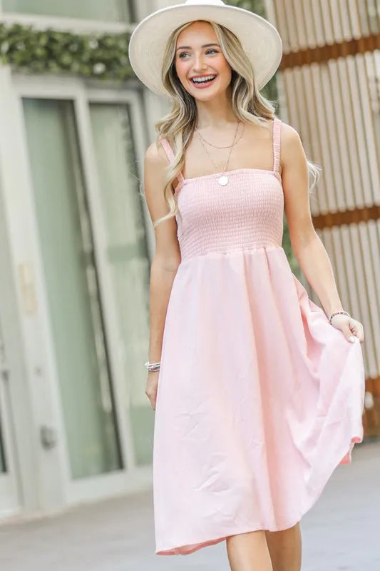 Venus Smocking Open-Back Sleeveless Midi Dress