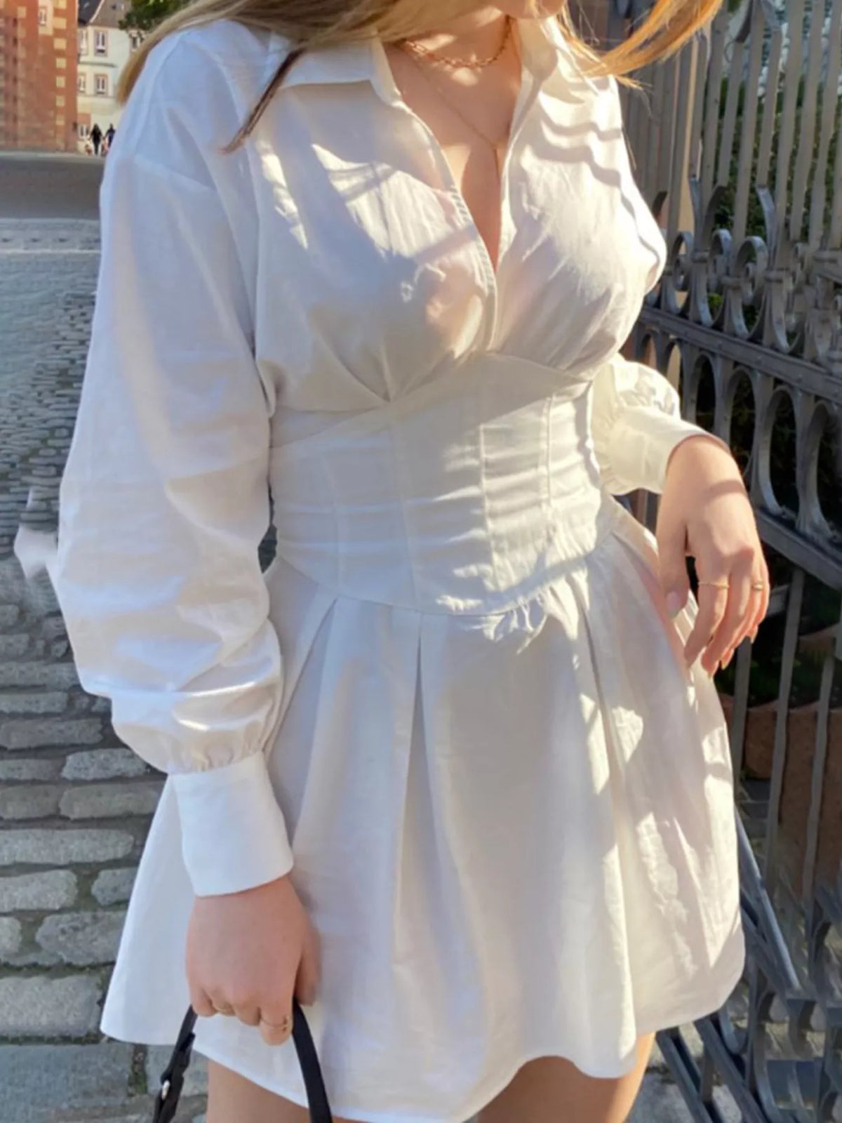 Ishtar Collared Neck Lantern Sleeve Mini Dress — view 1