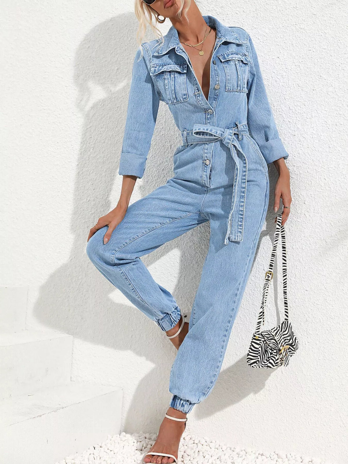 Hera Button Front Belt Denim Jumpsuit — view 5