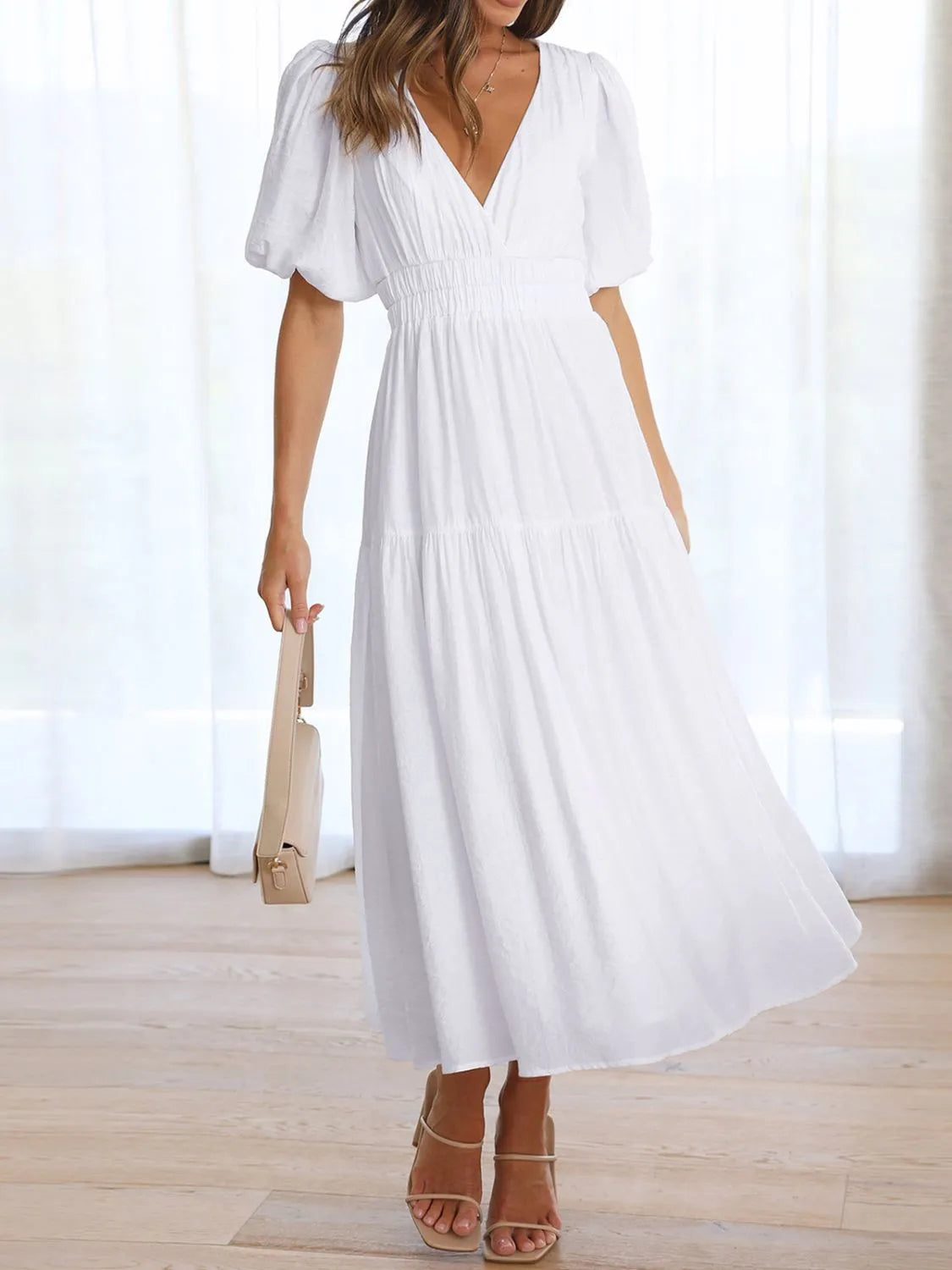 Persephone V-Neck Puff Sleeve Midi Dress — view 8