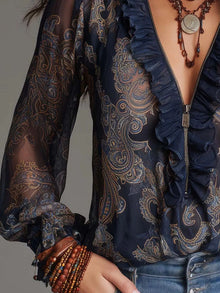 Rhiannon Paisley Print Ruffle Trim Zip-Front Blouse — thumbnail 4