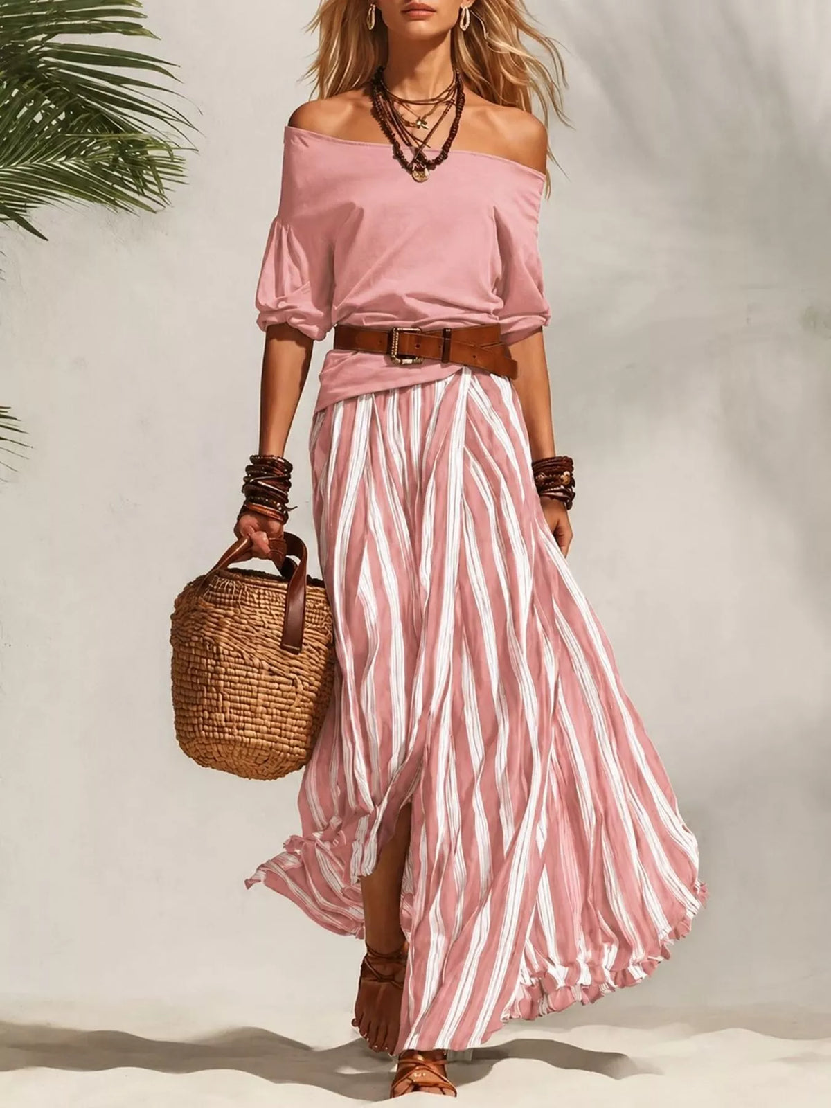 Isis Off Shoulder Top and Striped Maxi Skirt Set with Belt — view 9