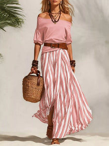 Isis Off Shoulder Top and Striped Maxi Skirt Set with Belt — thumbnail 9
