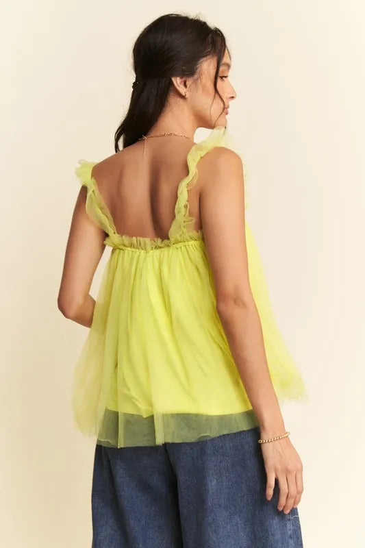 Aphrodite Shirred Ruffle Strap Tulle Babydoll Top — view 4