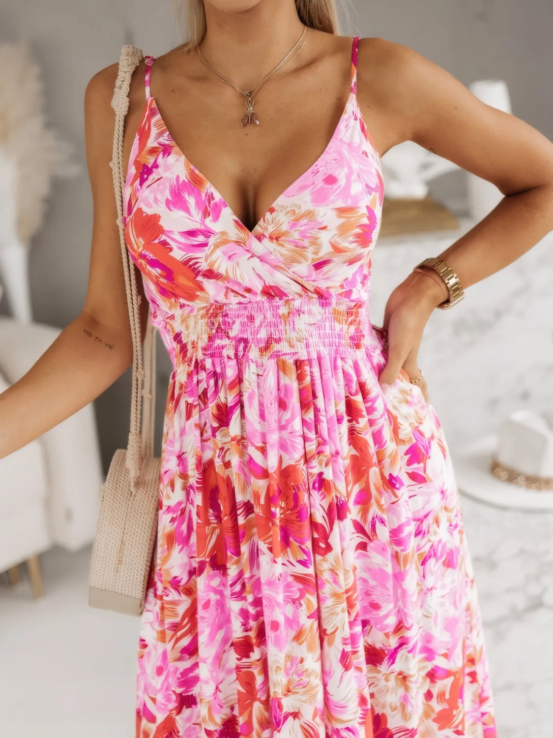 Fortuna Smocked Printed Surplice Maxi Cami Dress — view 6