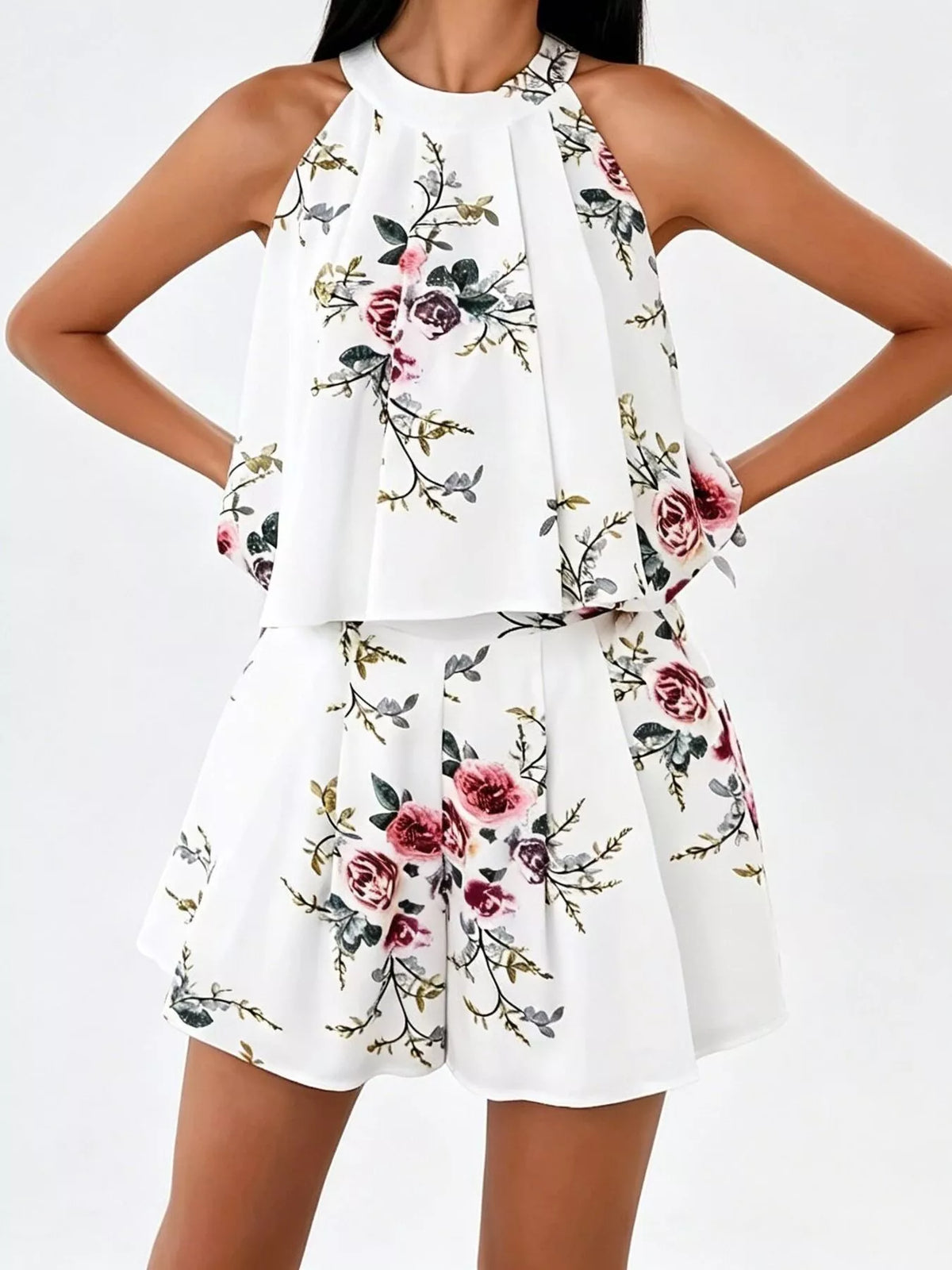 Olwen Floral Print Halter Neck Tank Top and Pleated Shorts Set — view 2