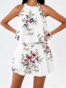 Olwen Floral Print Halter Neck Tank Top and Pleated Shorts Set — thumbnail 2