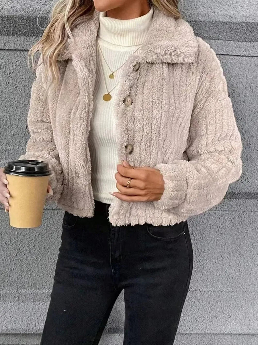 Eir Button Up Long Sleeve Fuzzy Outerwear styled in the studio