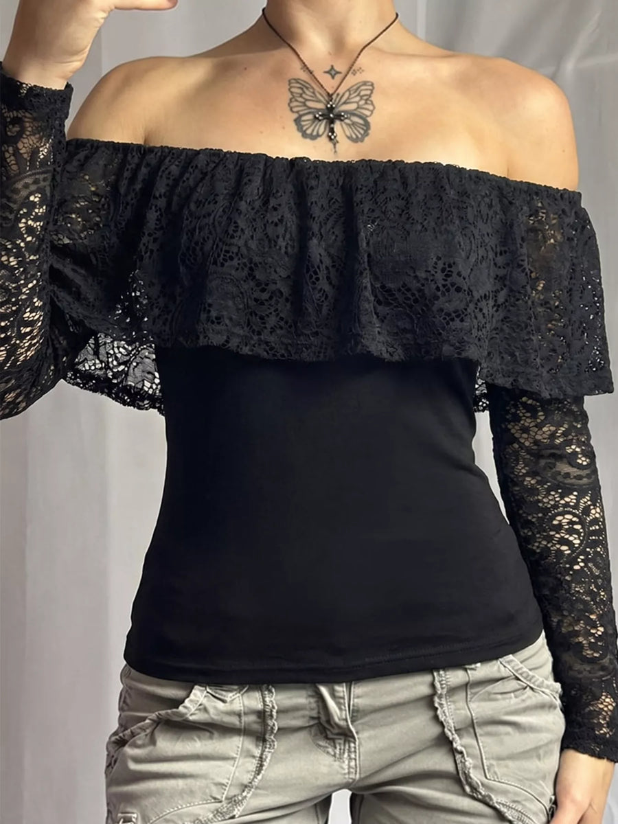 Nyx Off-Shoulder Lace Trim Long Sleeve T-Shirt styled in the studio