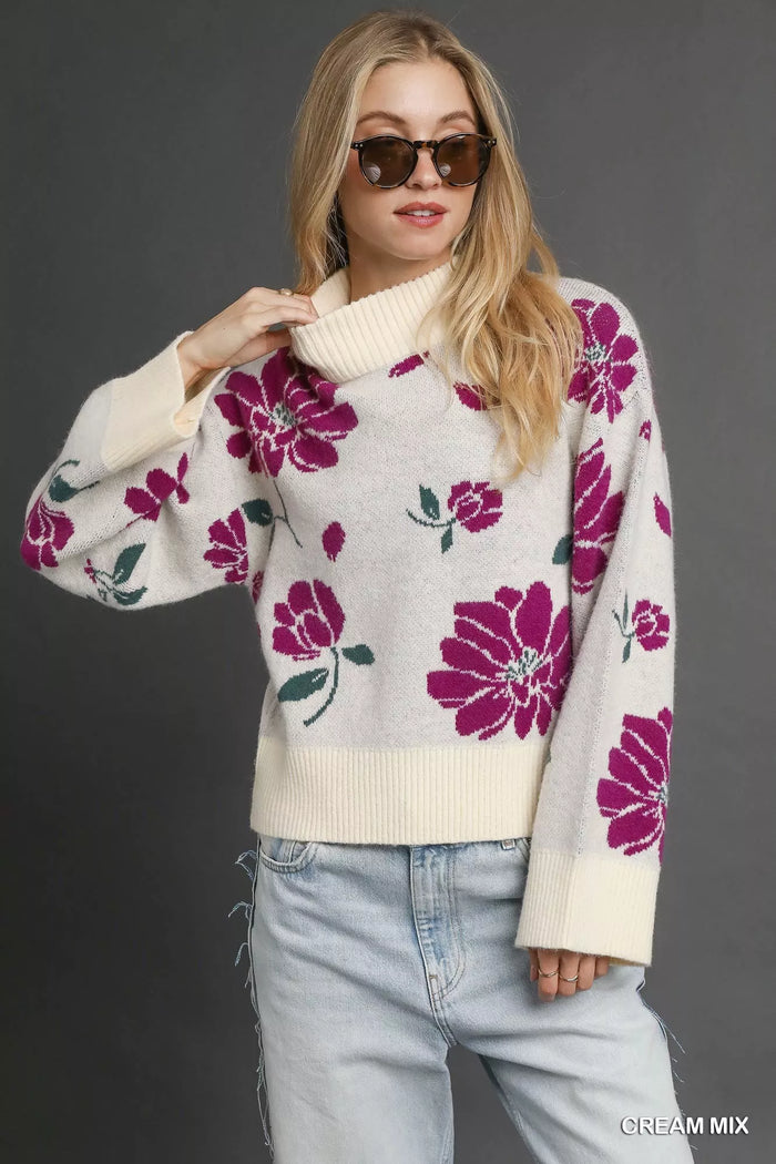 Vesta Umgee Floral Patterned Mock Neck Sweater