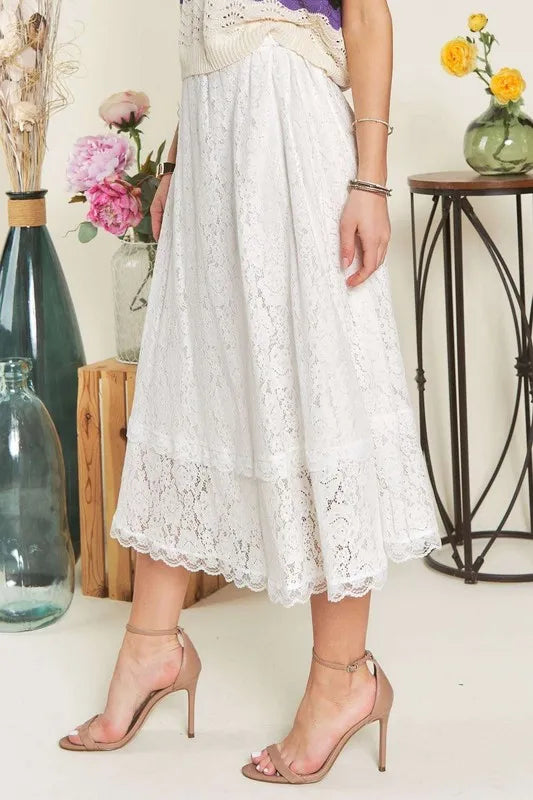 Selene Elastic Waist Lace Midi Skirt styled in the studio