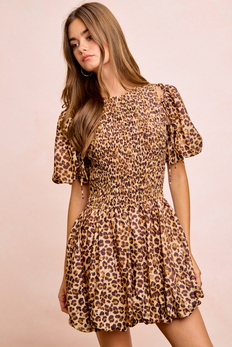 Fortuna Leopard Bow Tie Attachable Puff Sleeves Dress — view 15
