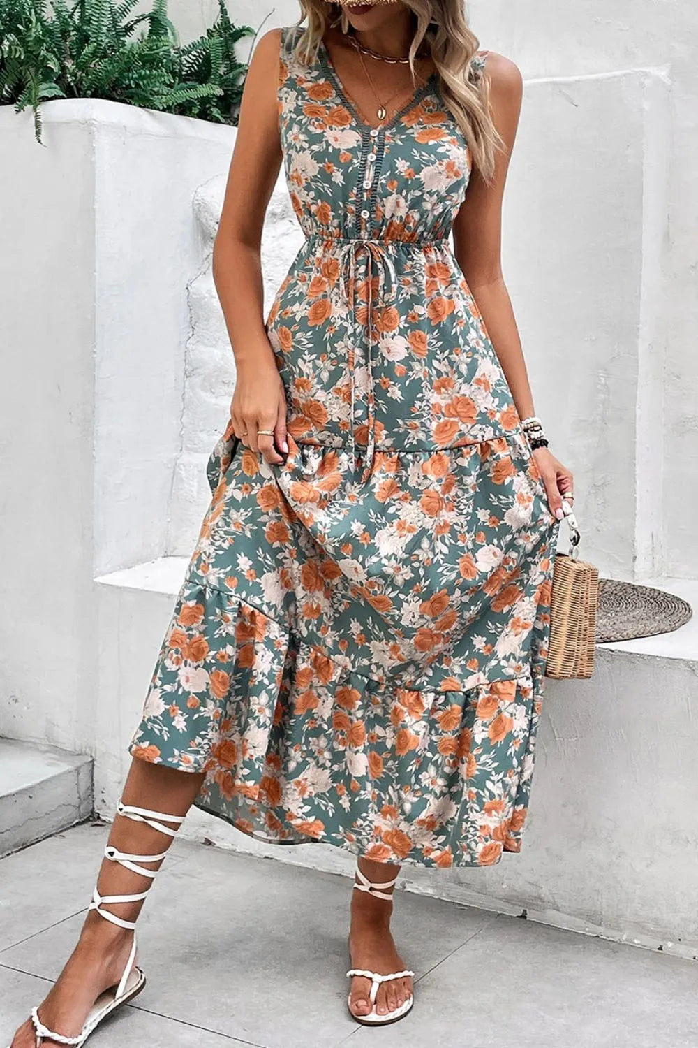 Persephone Floral Print Trimmed V Neck Tie Waist Sleeveless Dress — view 5