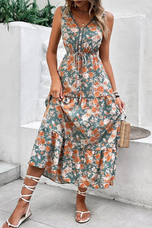 Persephone Floral Print Trimmed V Neck Tie Waist Sleeveless Dress — thumbnail 5