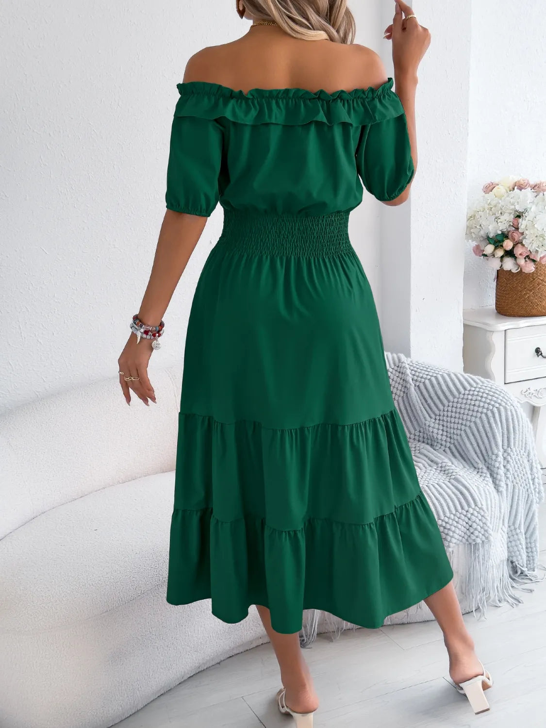 Venus Smocked Off-Shoulder Tiered Dress — view 9