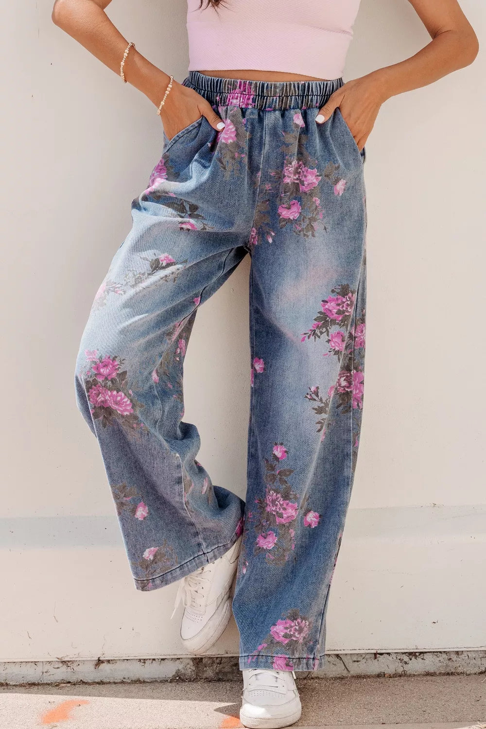 Olwen Floral Print Wide Leg Elastic Waist Jeans — view 1