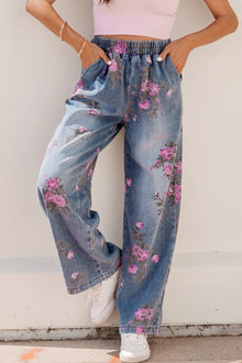 Olwen Floral Print Wide Leg Elastic Waist Jeans — thumbnail 1