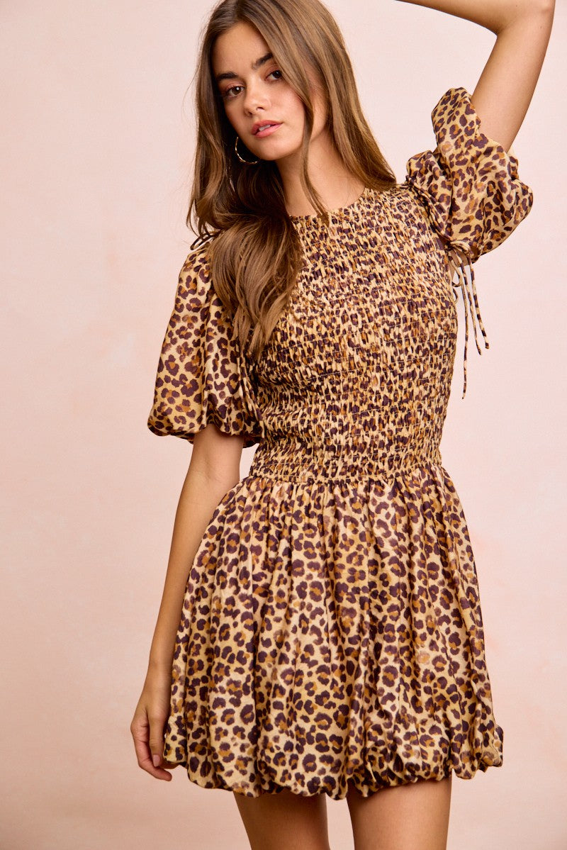 Fortuna Leopard Bow Tie Attachable Puff Sleeves Dress — view 3