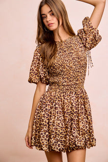 Fortuna Leopard Bow Tie Attachable Puff Sleeves Dress — thumbnail 3