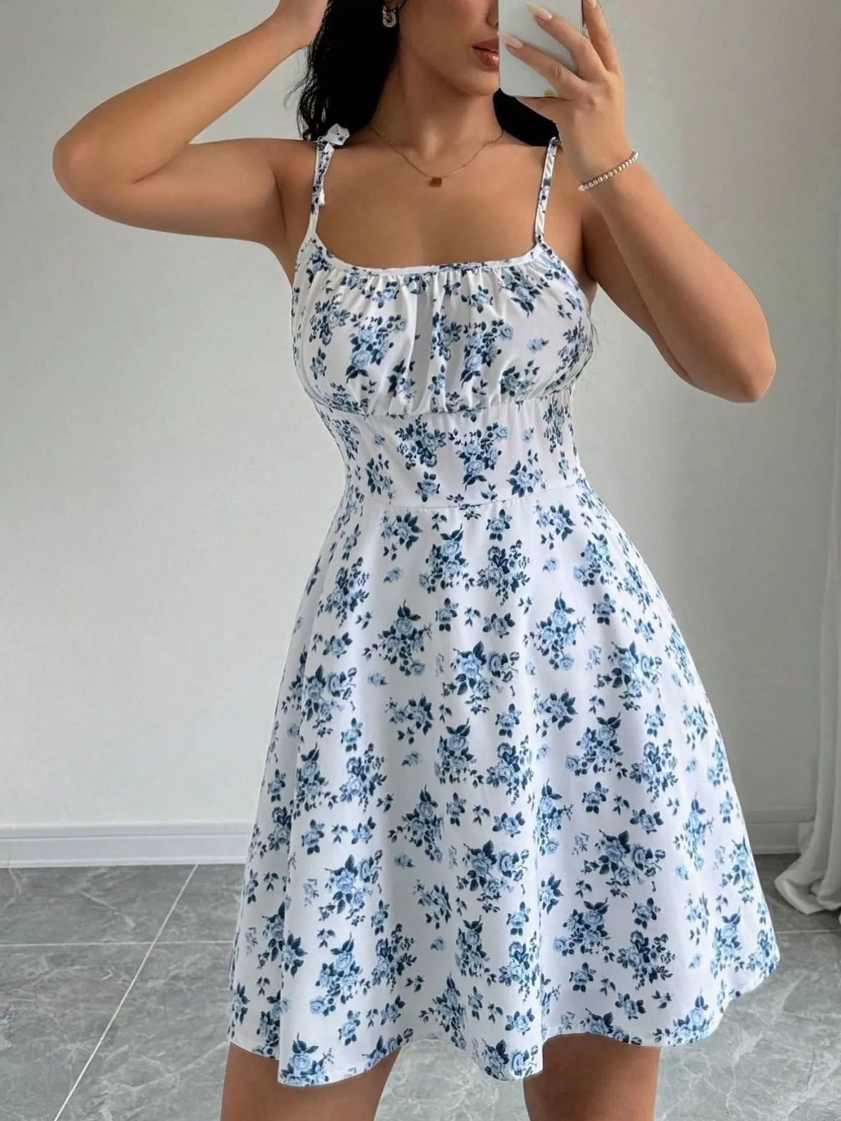 Olwen Floral Print Spaghetti Strap A-Line Mini Dress — view 4