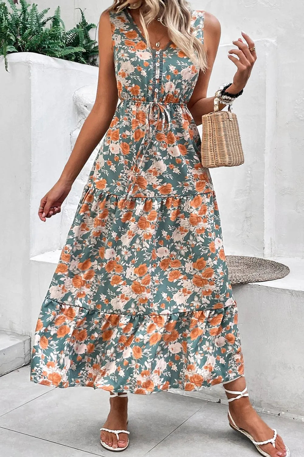 Persephone Floral Print Trimmed V Neck Tie Waist Sleeveless Dress — view 3