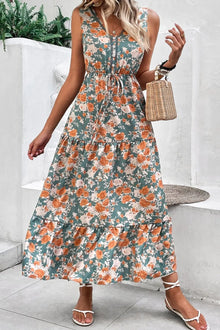 Persephone Floral Print Trimmed V Neck Tie Waist Sleeveless Dress — thumbnail 3