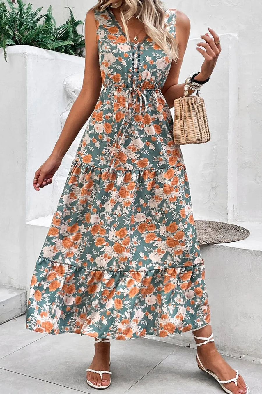 Persephone Floral Print Trimmed V Neck Tie Waist Sleeveless Dress styled in the studio