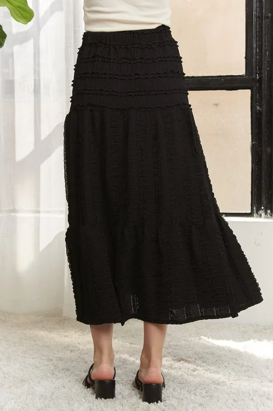 Nyx Elastic Waistband Tiered Midi Skirt styled in the studio