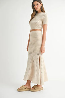 Vesta Pointelle Short Sleeve Crop Top and Slit Skirt Sweater Set — thumbnail 4