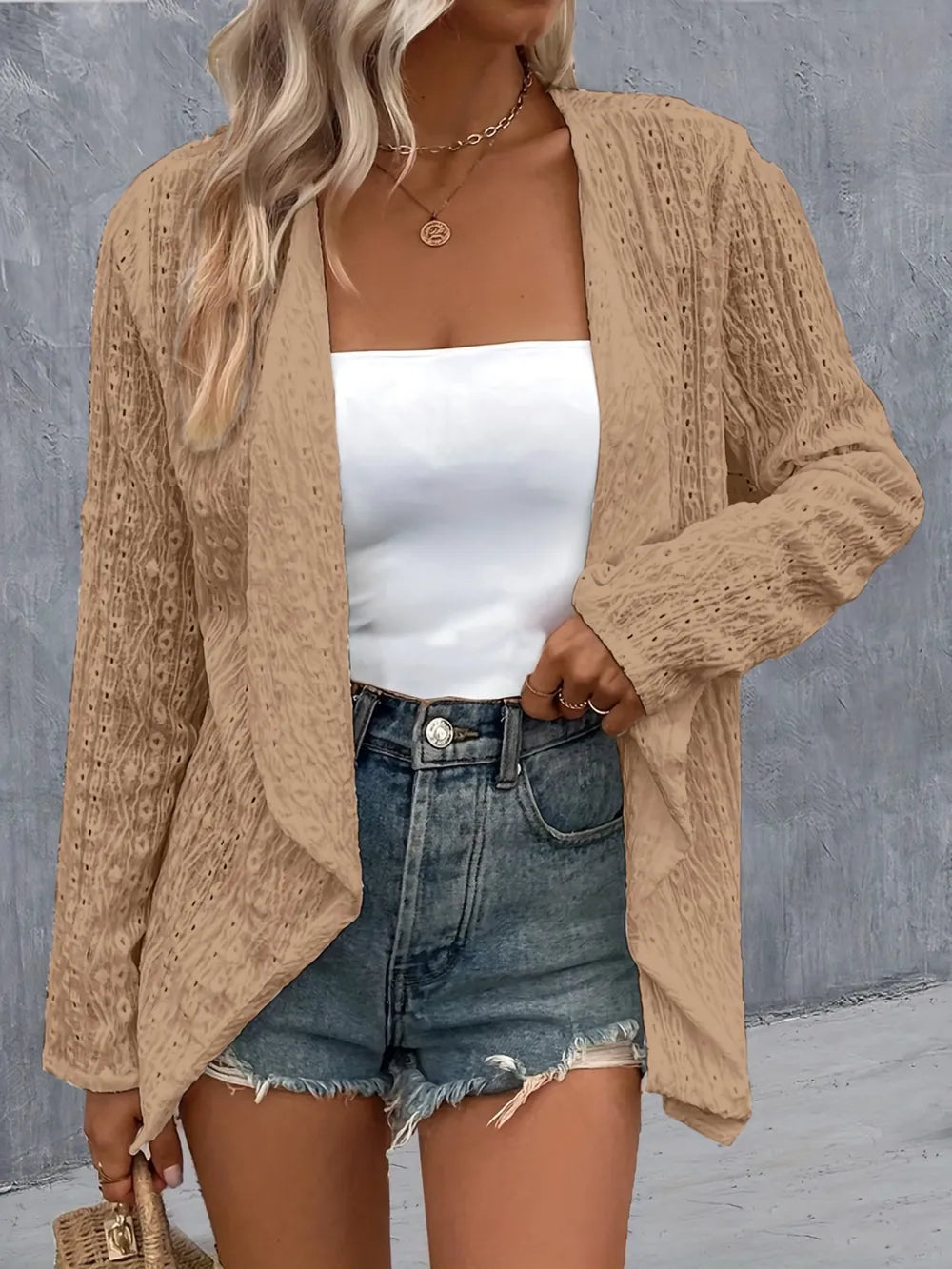 Brigid Eyelet Roll-Tab Sleeve Cardigan — view 14