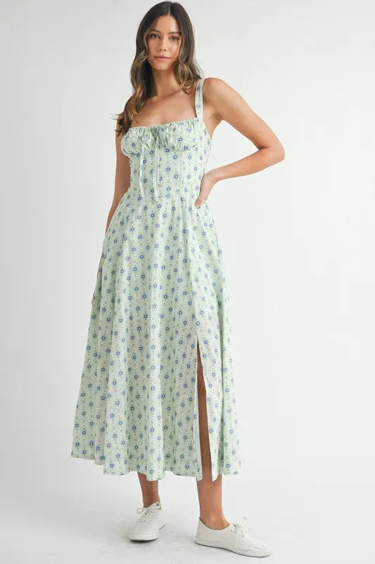 Olwen Floral Print Bustier Back Lace Up Midi Dress