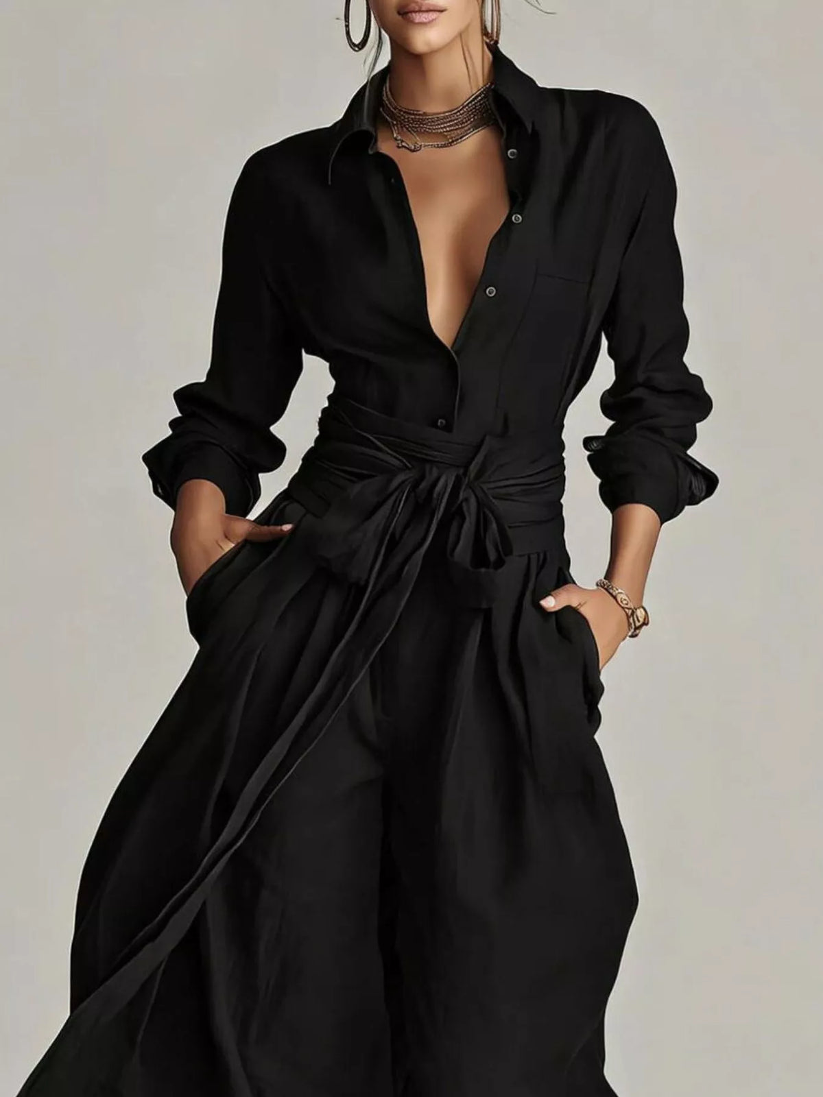 Hera Long-Sleeve Button-Down Waist-Tie Jumpsuit — view 9