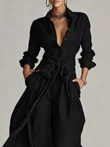 Hera Long-Sleeve Button-Down Waist-Tie Jumpsuit — thumbnail 9