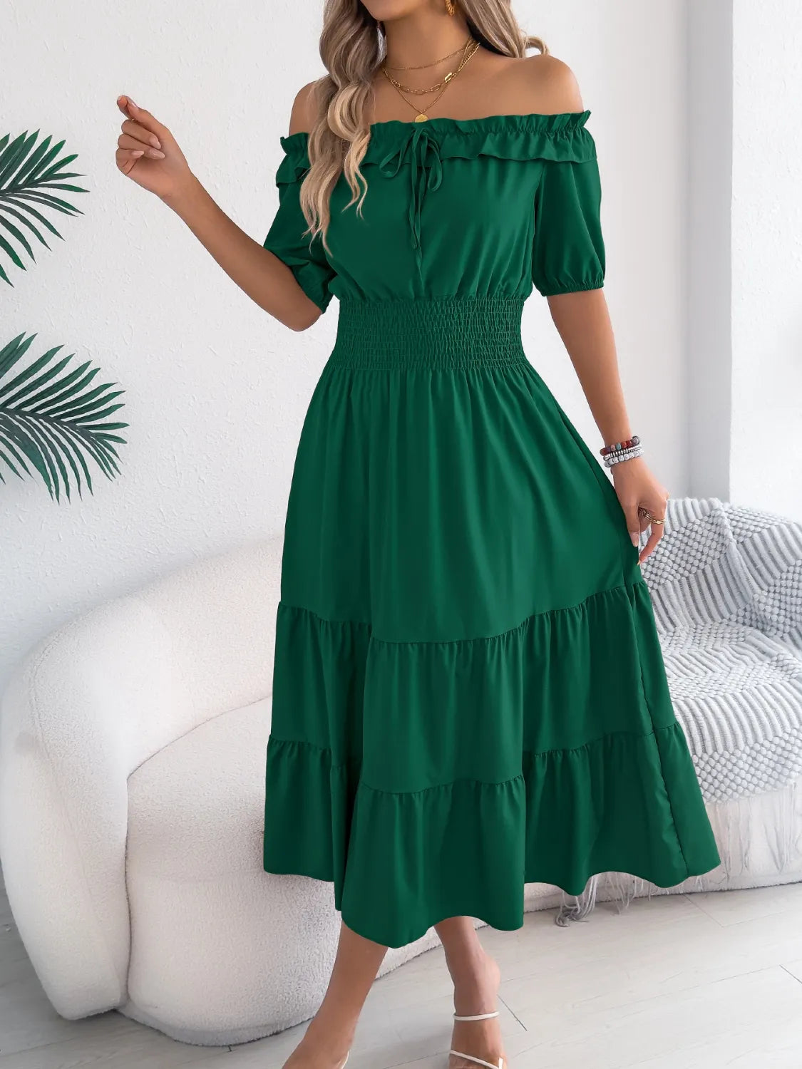 Venus Smocked Off-Shoulder Tiered Dress — view 7