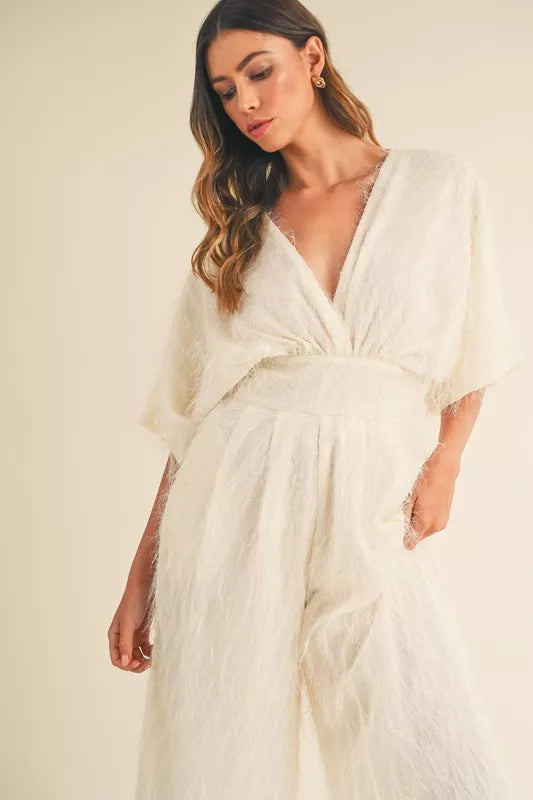 Hera Fluffy Deep V Neck Wide Leg Jumpsuit — view 6