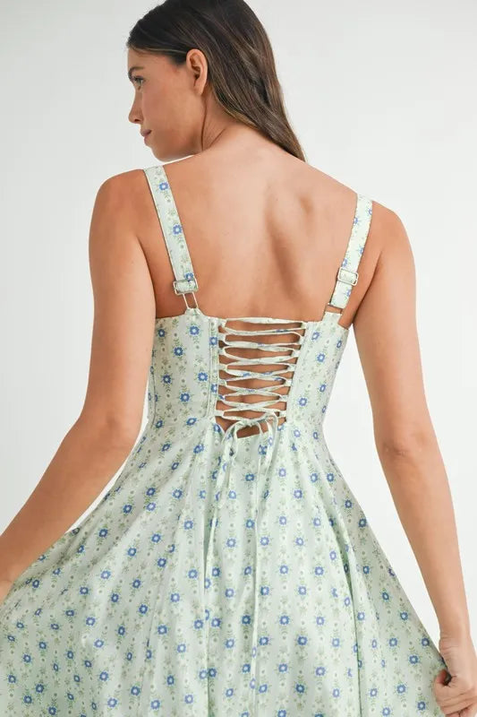 Olwen Floral Print Bustier Back Lace Up Midi Dress — view 12