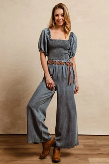 Hera Smocked Washed Puff Sleeve Square Neck Denim Jumpsuit — thumbnail 1