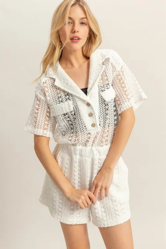 Brigid Crochet Button Front Short Sleeve Romper