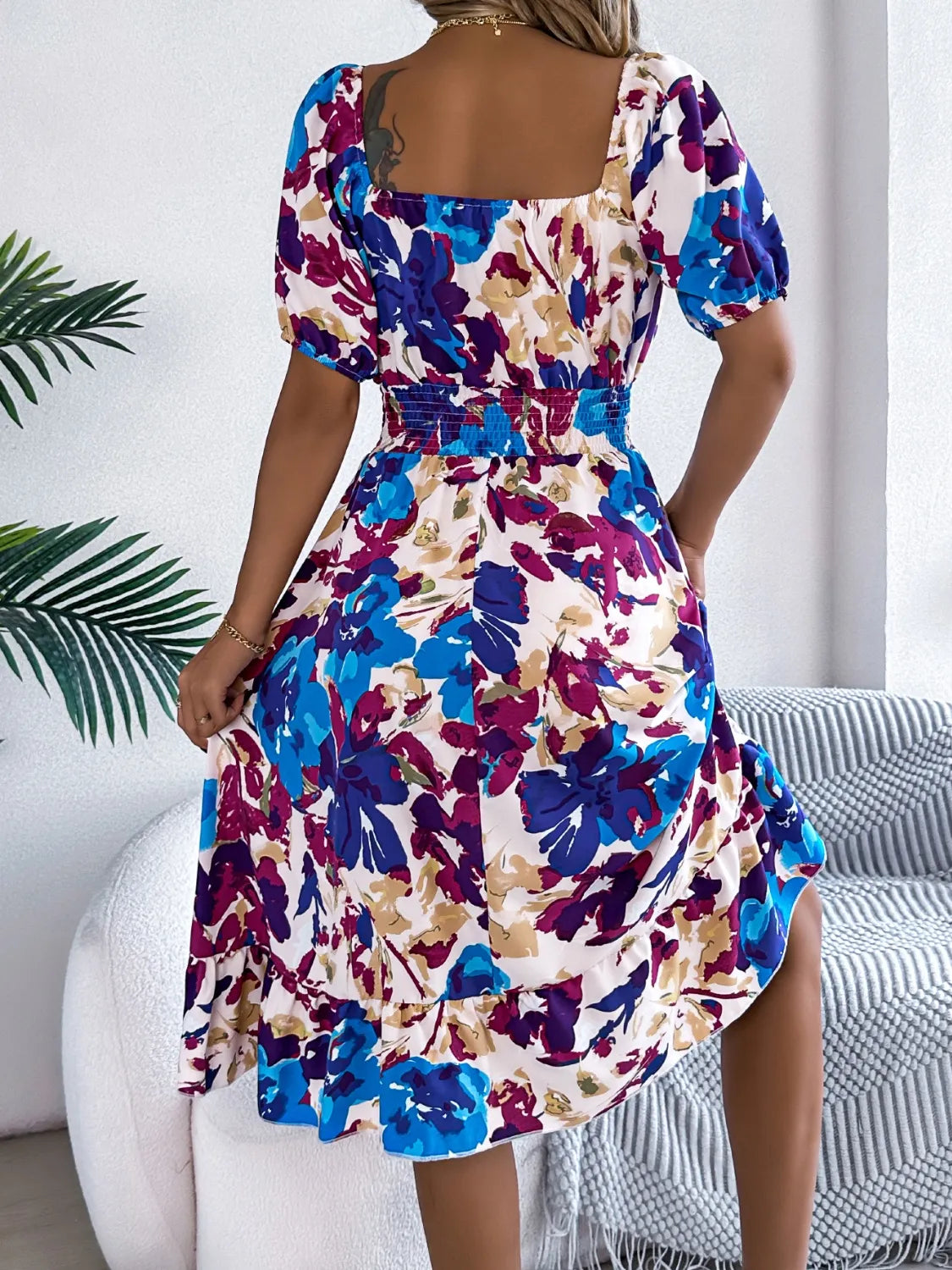Venus Ruffled Hem Smocked Floral Short Sleeve Midi Dress — view 12