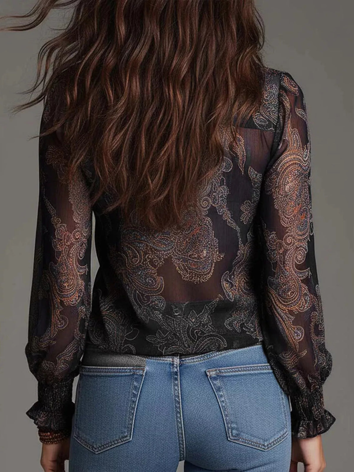 Rhiannon Paisley Print Ruffle Trim Zip-Front Blouse — view 16