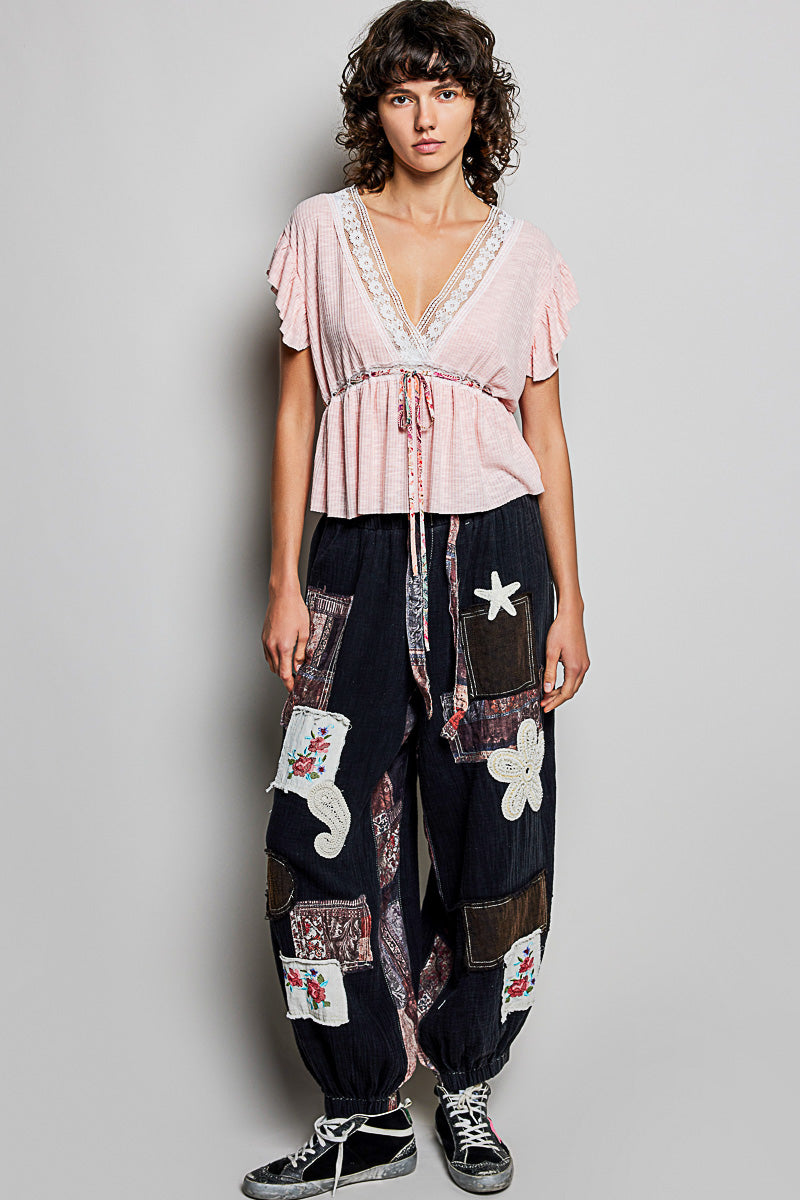 Parvati Tied Ruffled V-Neck Short Sleeve Blouse with Lace Detail — view 5