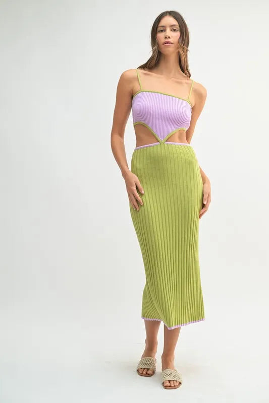 Kali Ribbed Knit Color Block Cutout Midi Dress