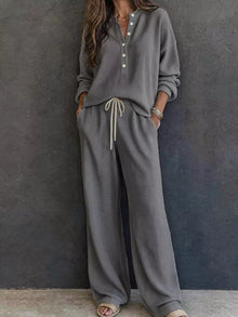 Selene Waffle Knit Henley Top and Wide Leg Pants Set — thumbnail 10